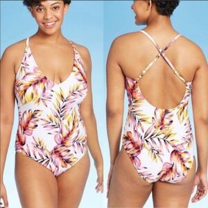 🦋Kona Sol White Tropical Palm Leaf V-Neck Criss Cross Back Bathing Suit